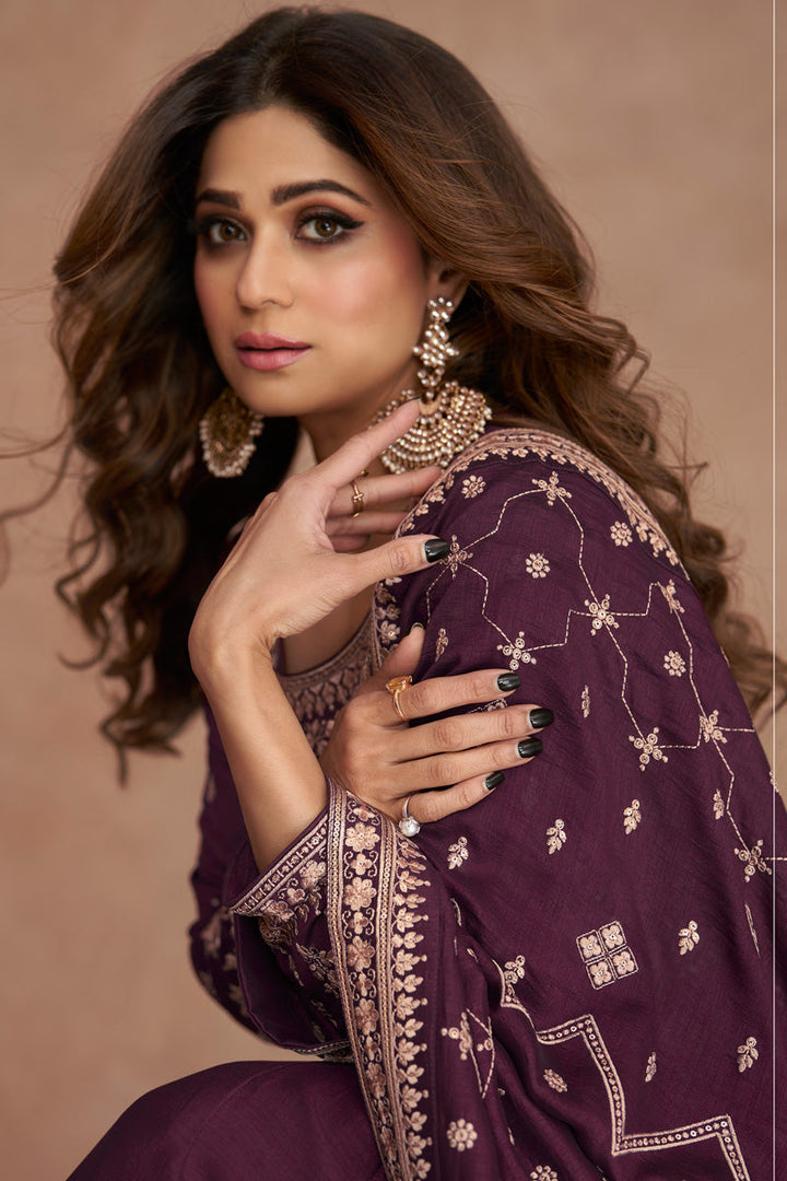 Shamita Shetty Creative Art Silk Fabric Gown With Dupatta In Wine Color