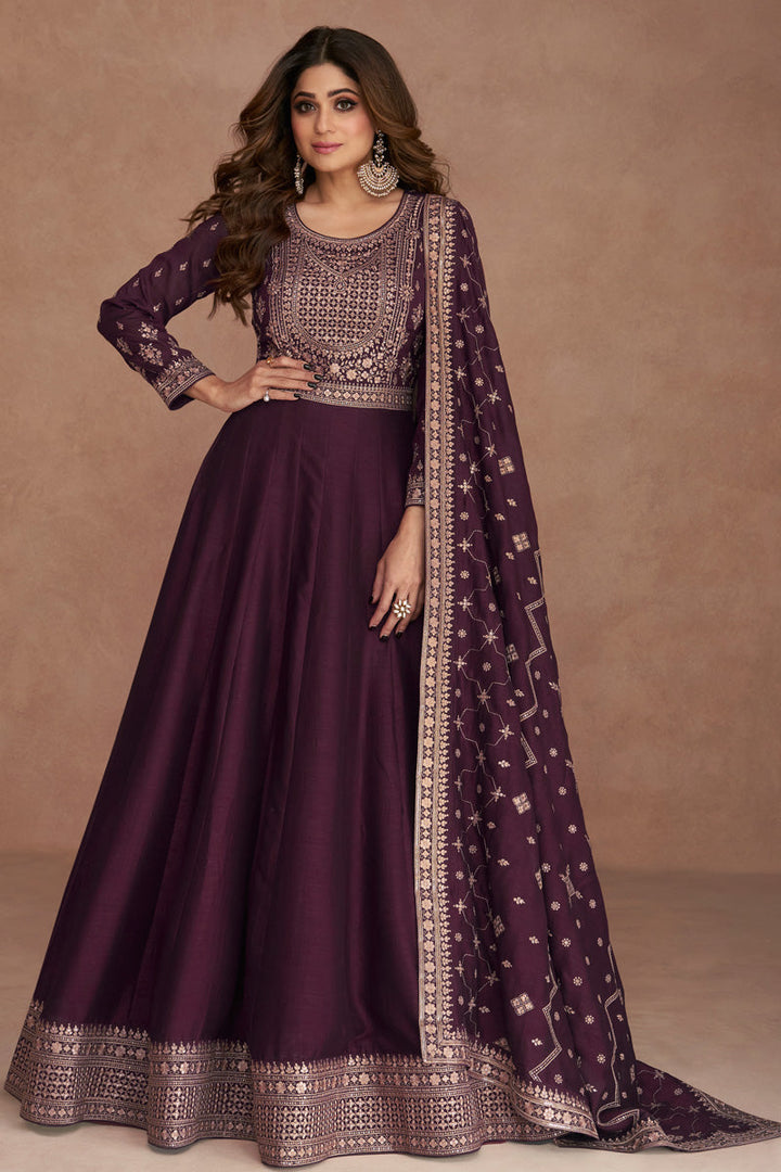 Shamita Shetty Creative Art Silk Fabric Gown With Dupatta In Wine Color