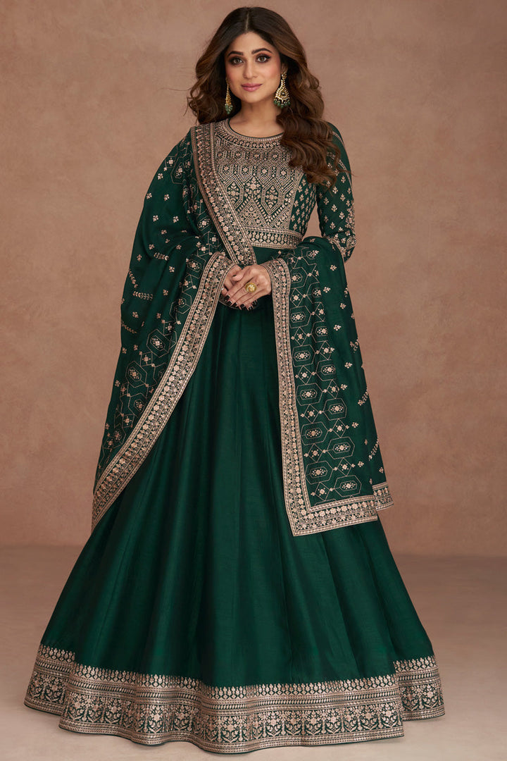 Shamita Shetty Incredible Art Silk Fabric Dark Green Color Gown With Dupatta