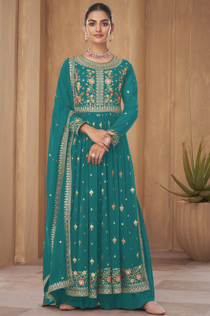 Gorgeous Georgette Fabric Party Wear Readymade Palazzo Suit In Cyan Color