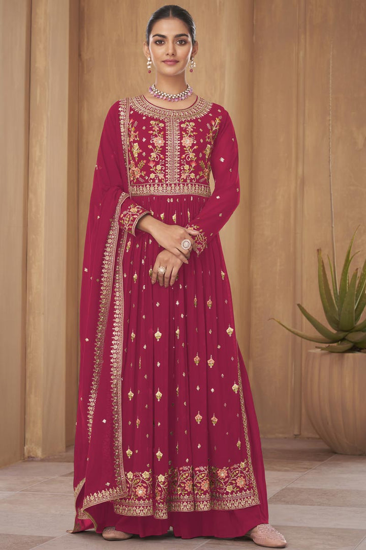 Georgette Fabric Sangeet Wear Stunning Readymade Palazzo Salwar Suit In Pink Color