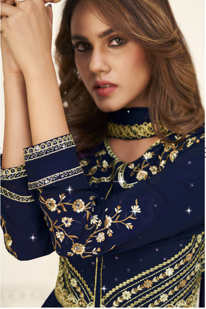 Georgette Fabric Captivating Navy Blue Color Palazzo Suit