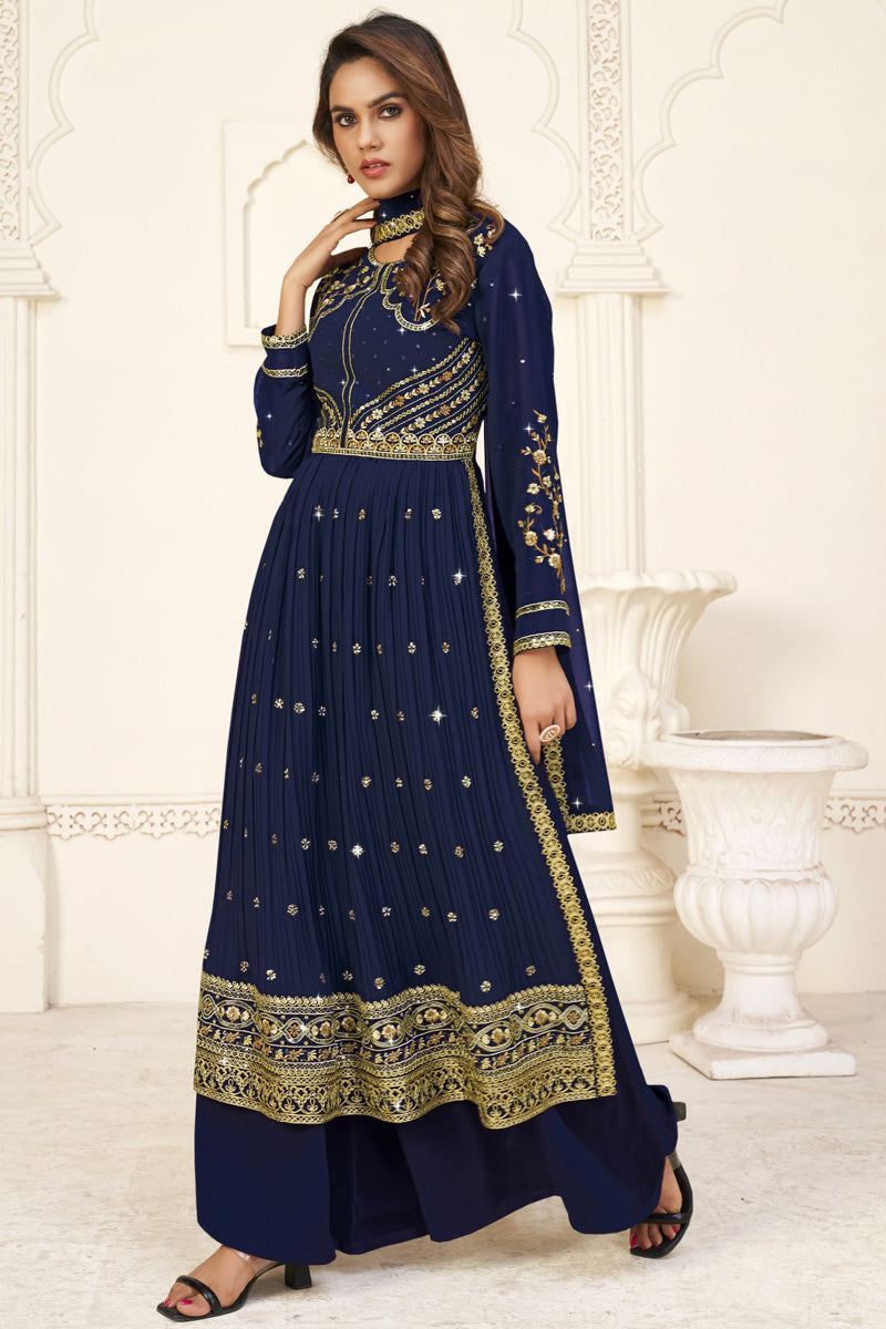 Georgette Fabric Captivating Navy Blue Color Palazzo Suit