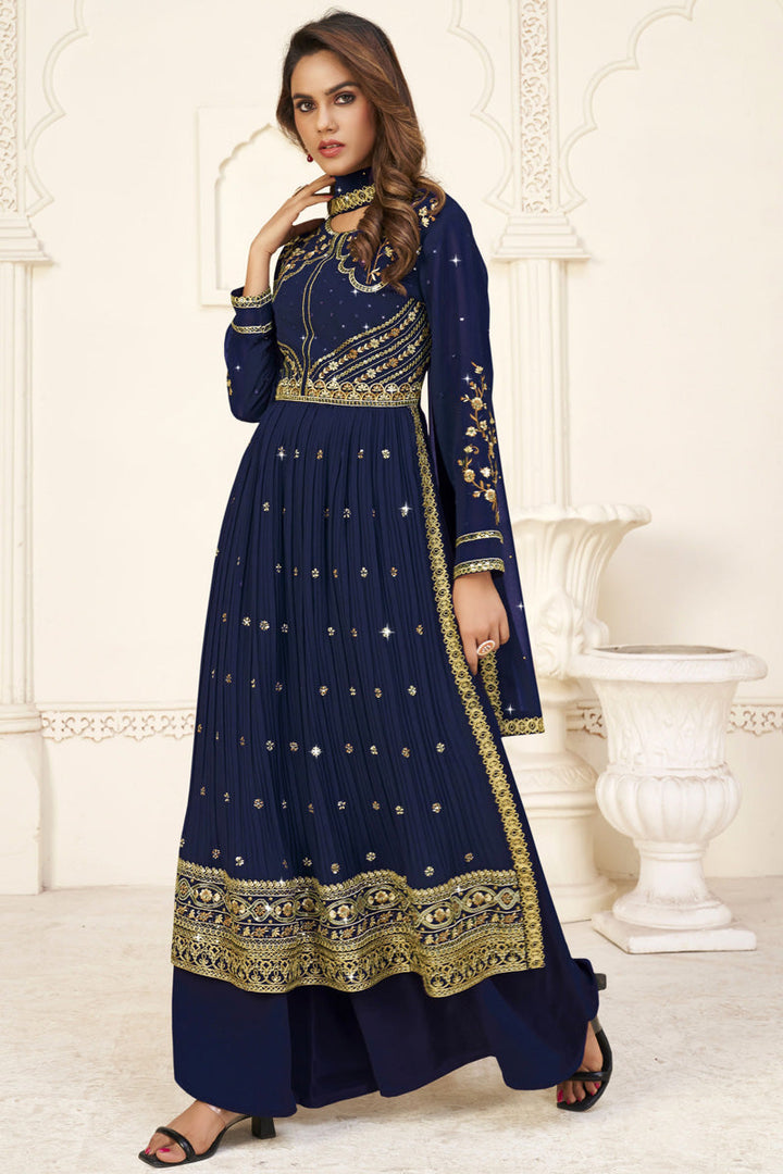 Georgette Fabric Captivating Navy Blue Color Palazzo Suit