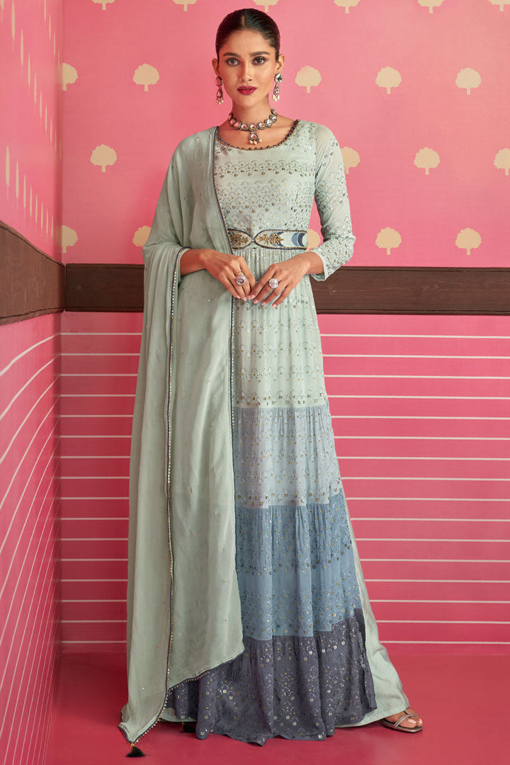 Dazzling Georgette Fabric Light Cyan Color Embroidered Palazzo Suit