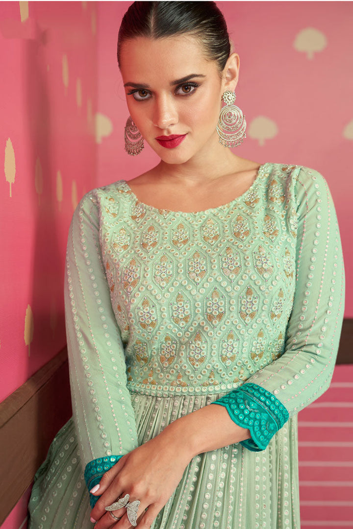 Georgette Fabric Sea Green Color Excellent Embroidered Palazzo Suit