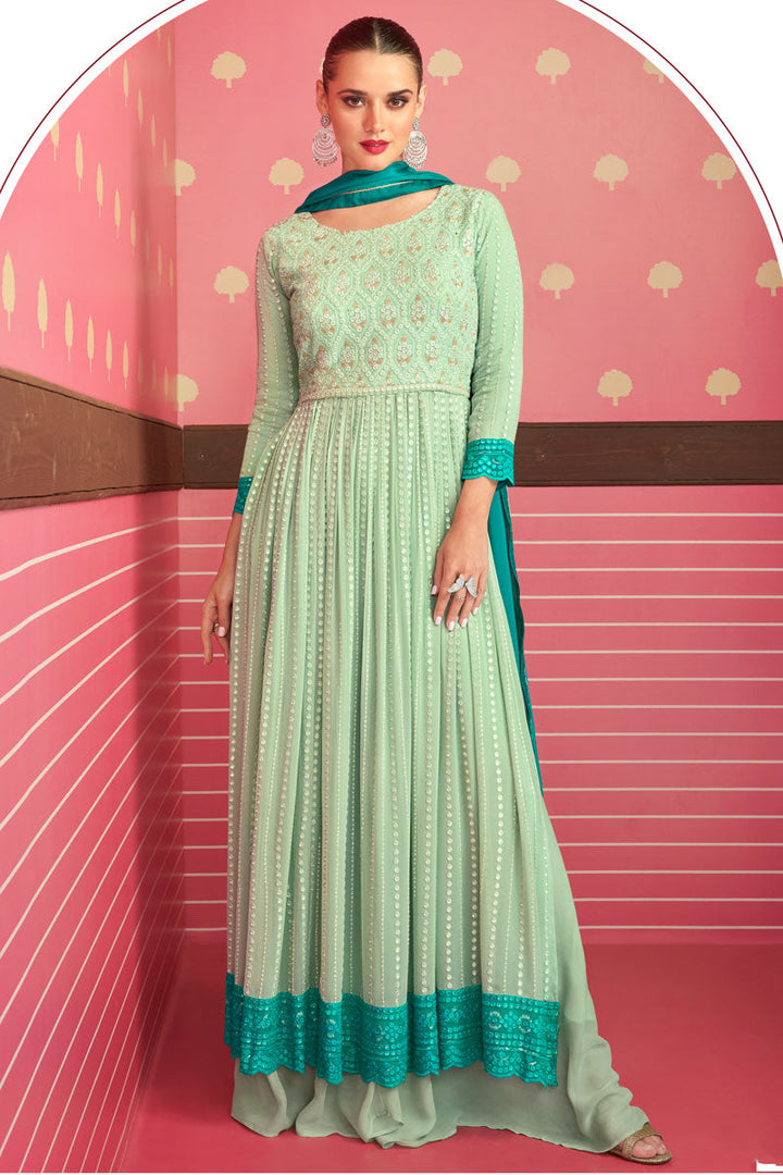 Georgette Fabric Sea Green Color Excellent Embroidered Palazzo Suit