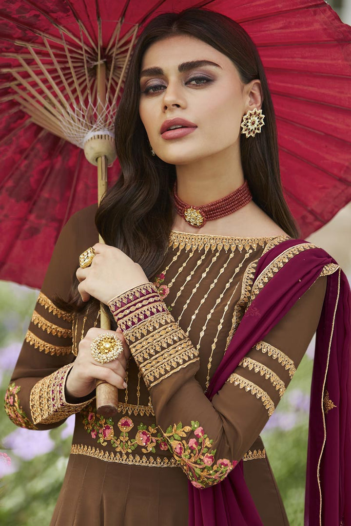 Fancy Georgette Party Style Brown Embroidered Anarkali Suit