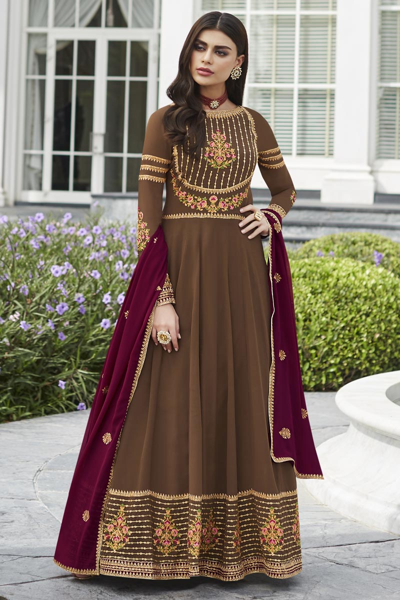 Fancy Georgette Party Style Brown Embroidered Anarkali Suit