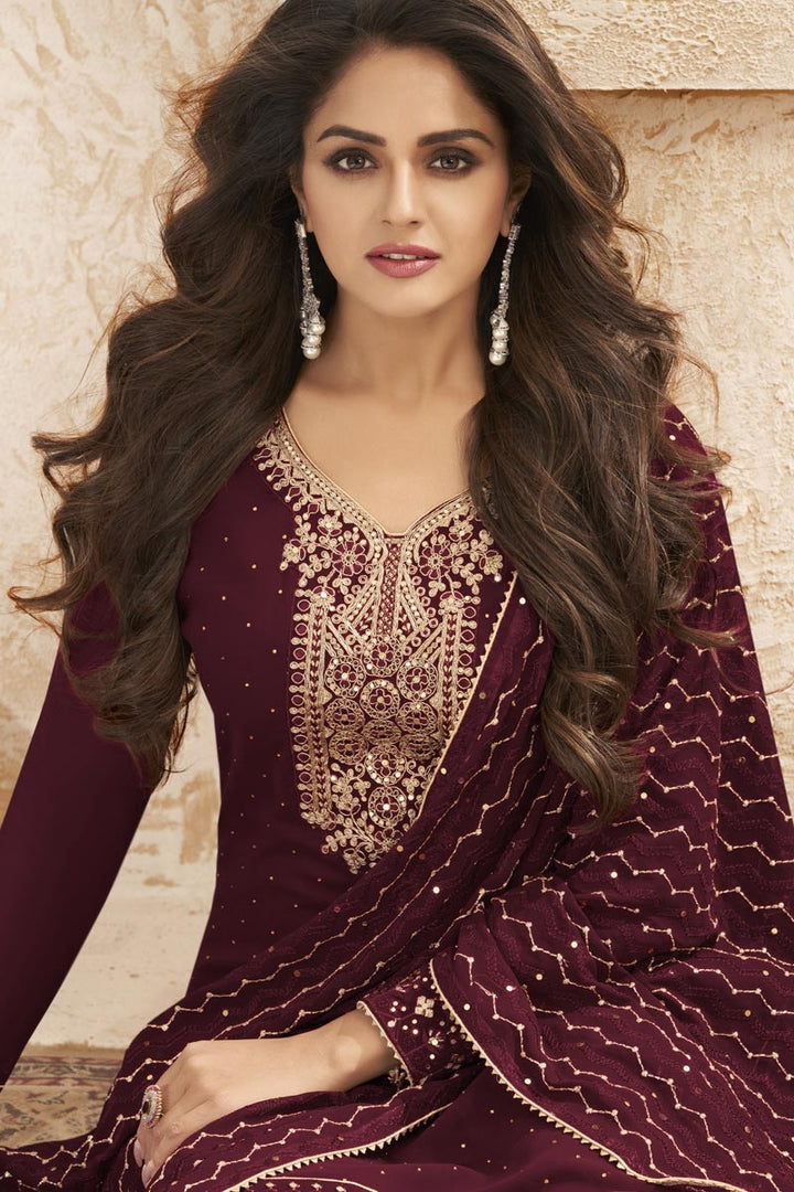 Georgette Fabric Party Wear Maroon Color Embroidered Palazzo Suit