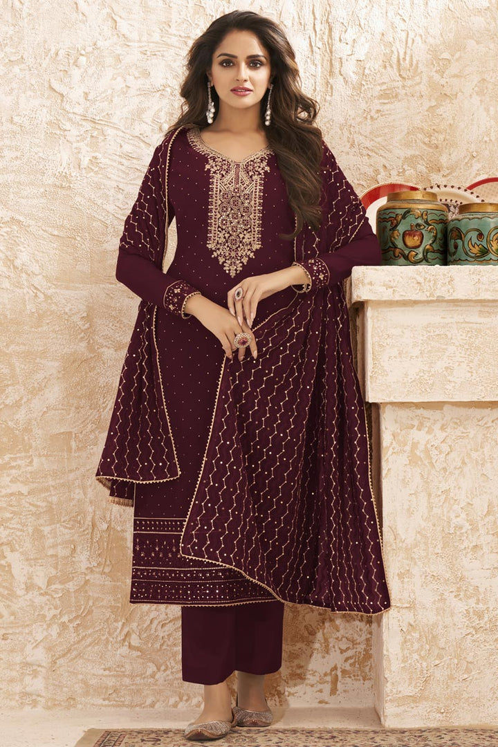 Georgette Fabric Party Wear Maroon Color Embroidered Palazzo Suit