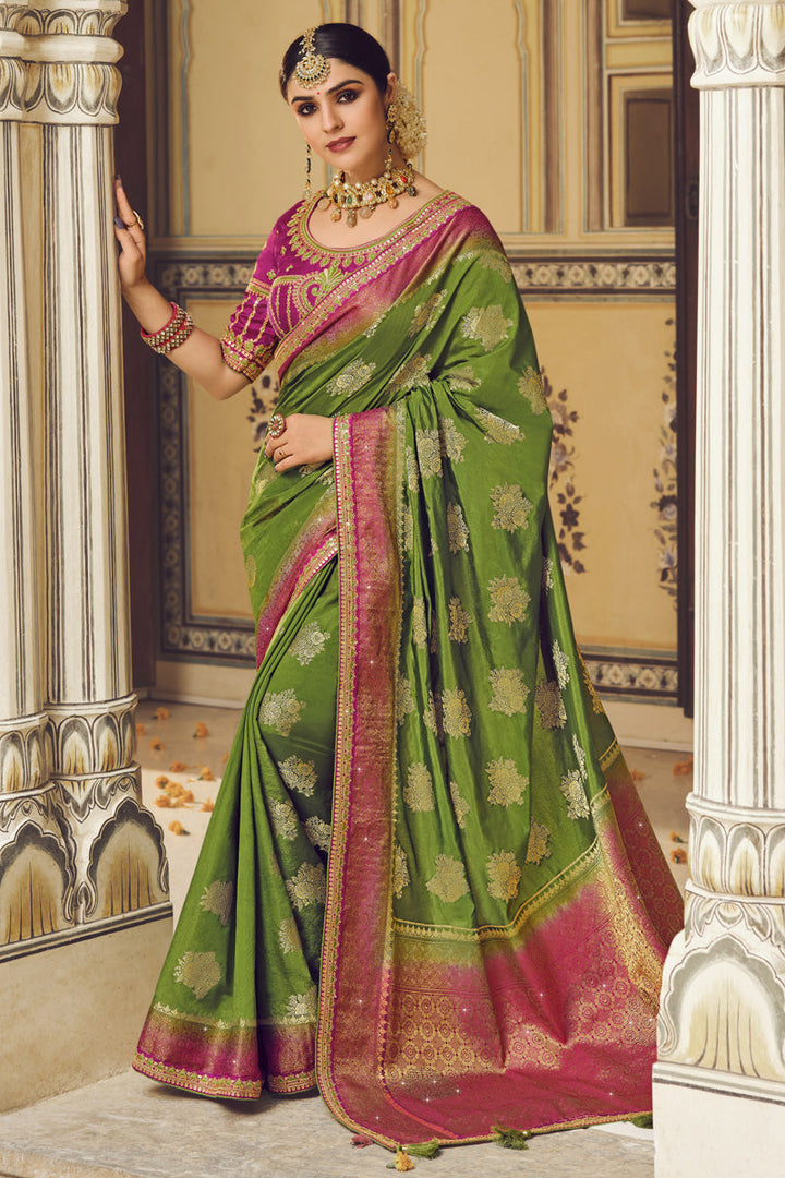 Alluring Green Banarasi Silk Saree With Designer Blouse