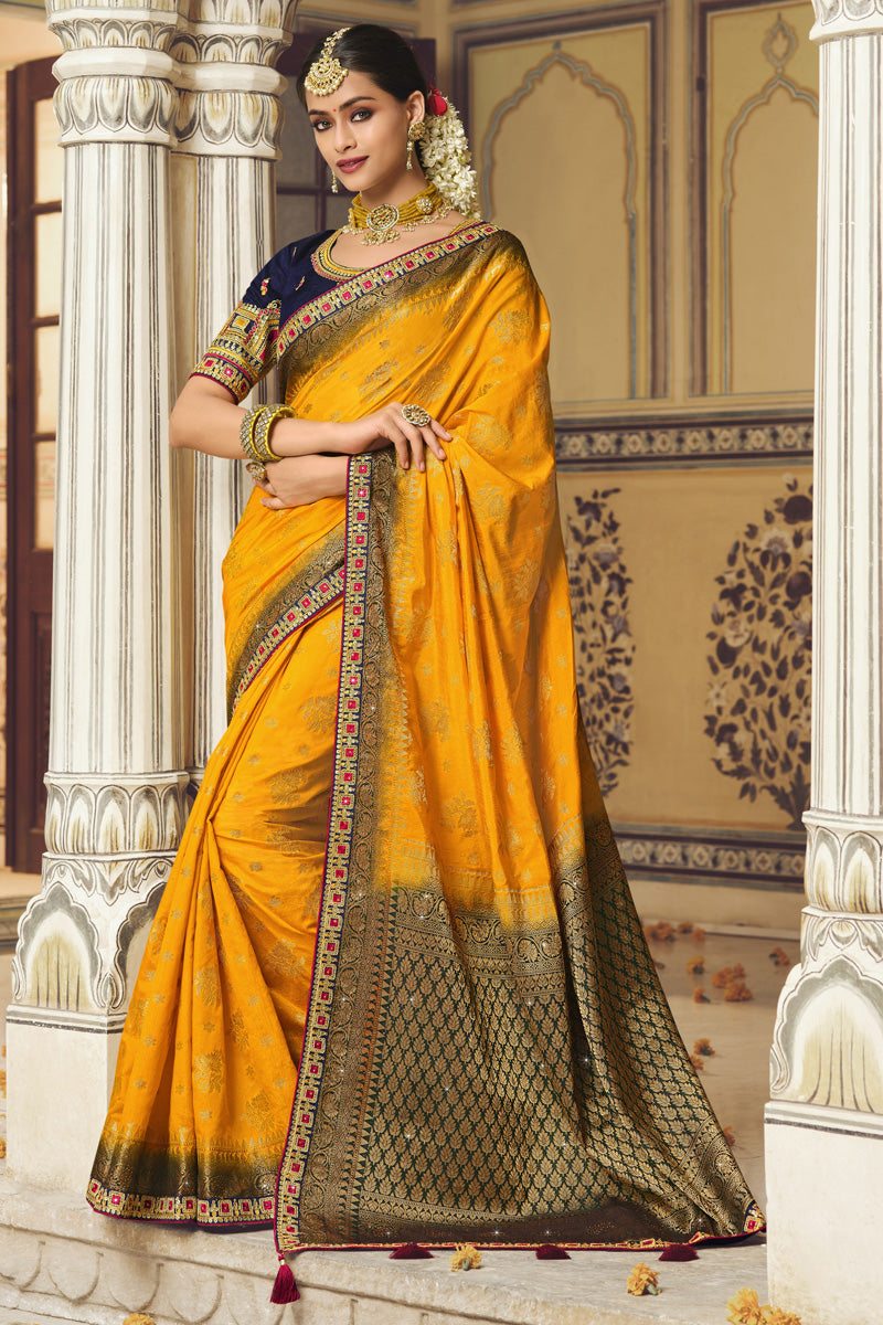 Amazing Yellow Banarasi Silk Saree With Designer Blouse