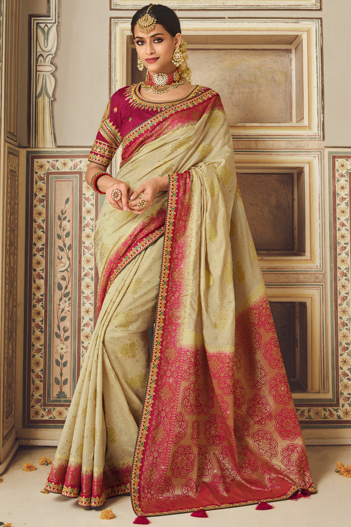 Gorgeous Cream Banarasi Silk Saree With Designer Blouse