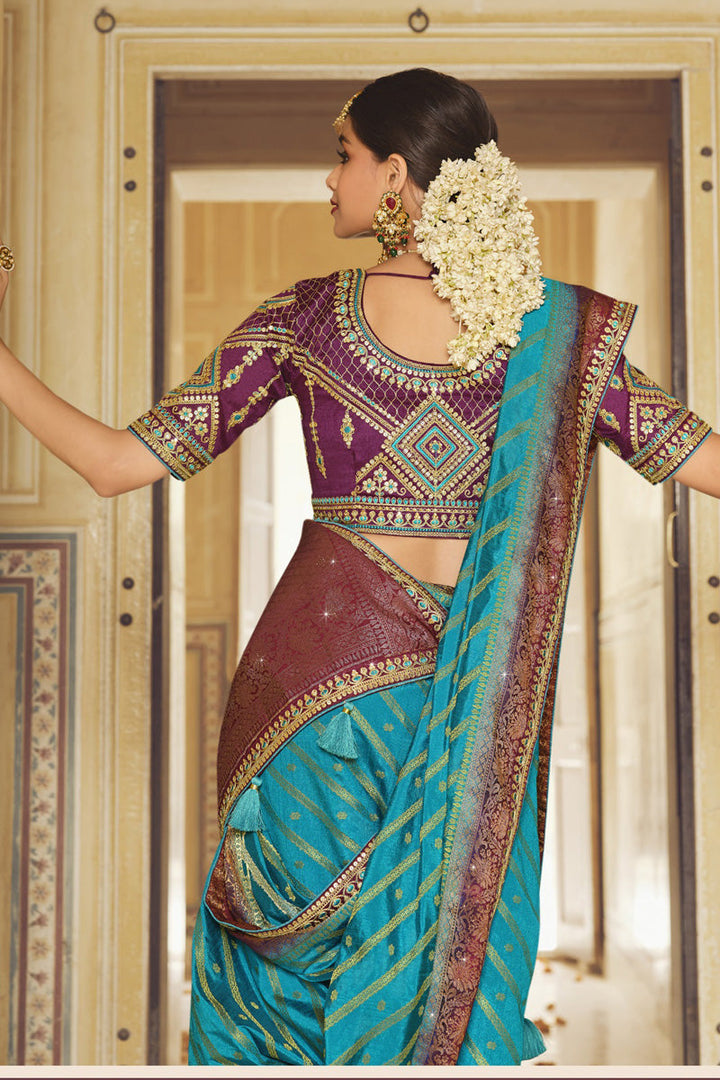 Exquisite Cyan Color Banarasi Silk Saree With Designer Blouse