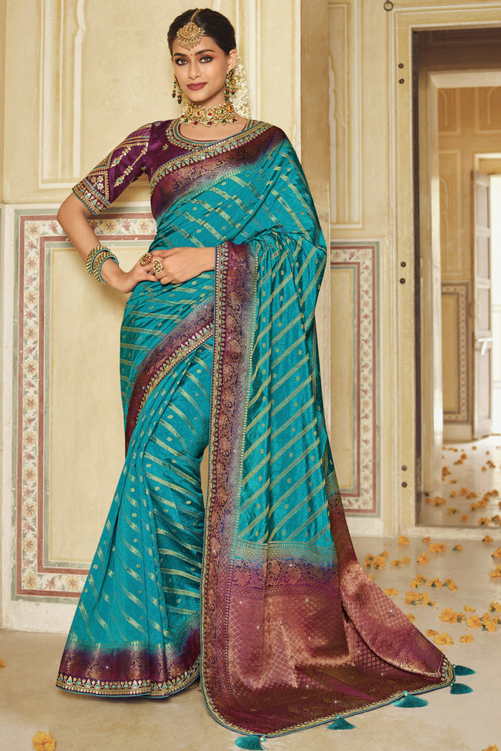 Exquisite Cyan Color Banarasi Silk Saree With Designer Blouse
