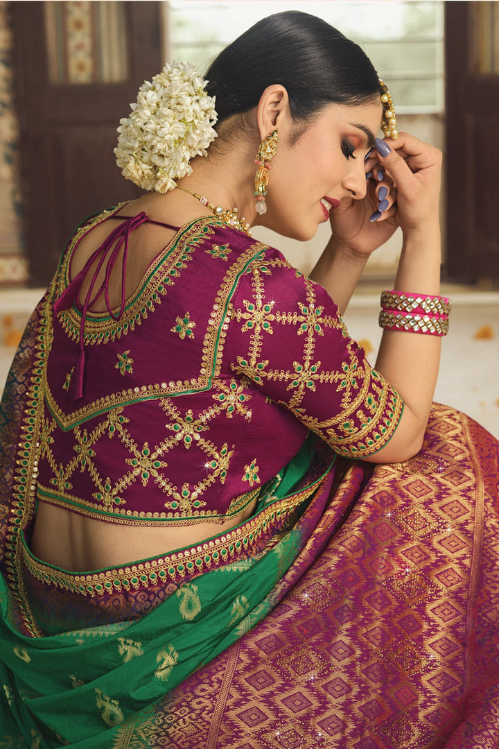 Alluring Emerald Green Banarasi Silk Saree With Designer Blouse