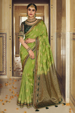 Load image into Gallery viewer, Captivating Lime Green Banarasi Silk Saree With Designer Blouse
