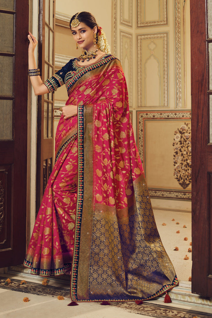 Fascinating Navy Blue Banarasi Silk Saree With Designer Blouse