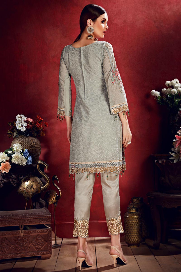 Party Wear Georgette Embroidered Straight Cut Suit In Grey