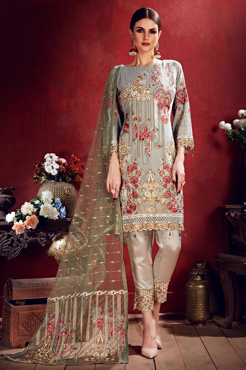 Party Wear Georgette Embroidered Straight Cut Suit In Grey