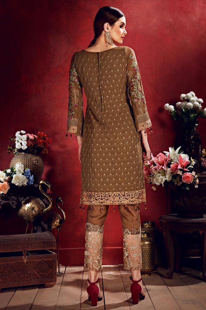Party Wear Brown Embroidered Straight Cut Salwar Suit In Georgette