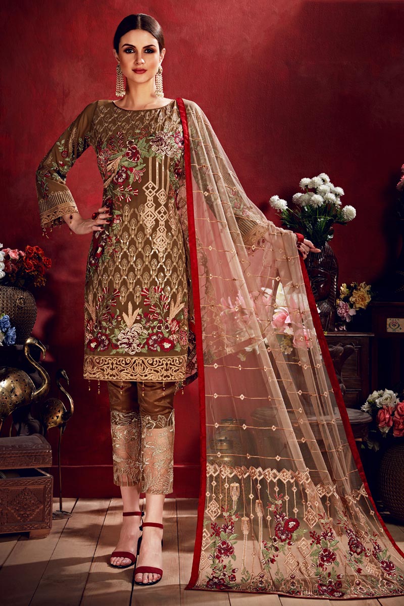 Party Wear Brown Embroidered Straight Cut Salwar Suit In Georgette