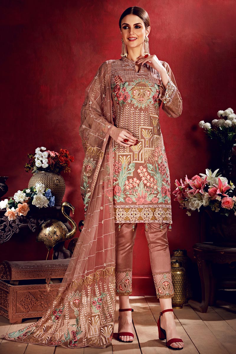 Georgette Chikoo Color Party Wear Embroidered Designer Salwar Kameez