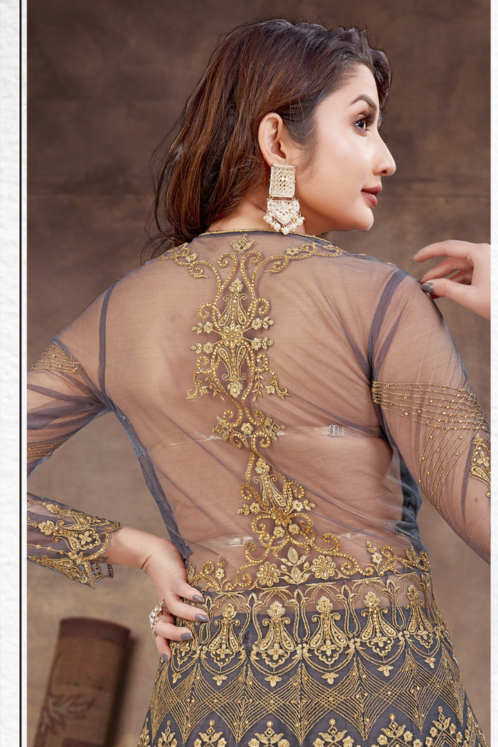 Net Fabric Grey Color Embroidered Winsome Anarklai Suit