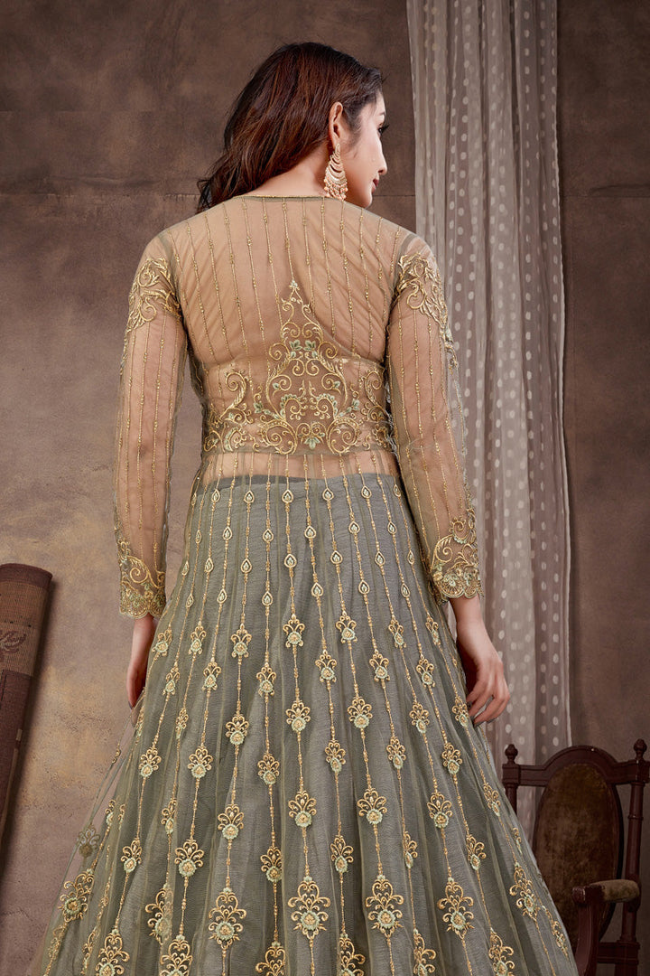 Net Fabric Embroidered Work Beatific Anarklai Suit In Grey Color
