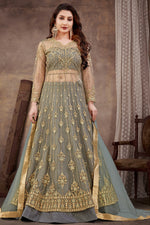 Load image into Gallery viewer, Net Fabric Embroidered Work Beatific Anarklai Suit In Grey Color
