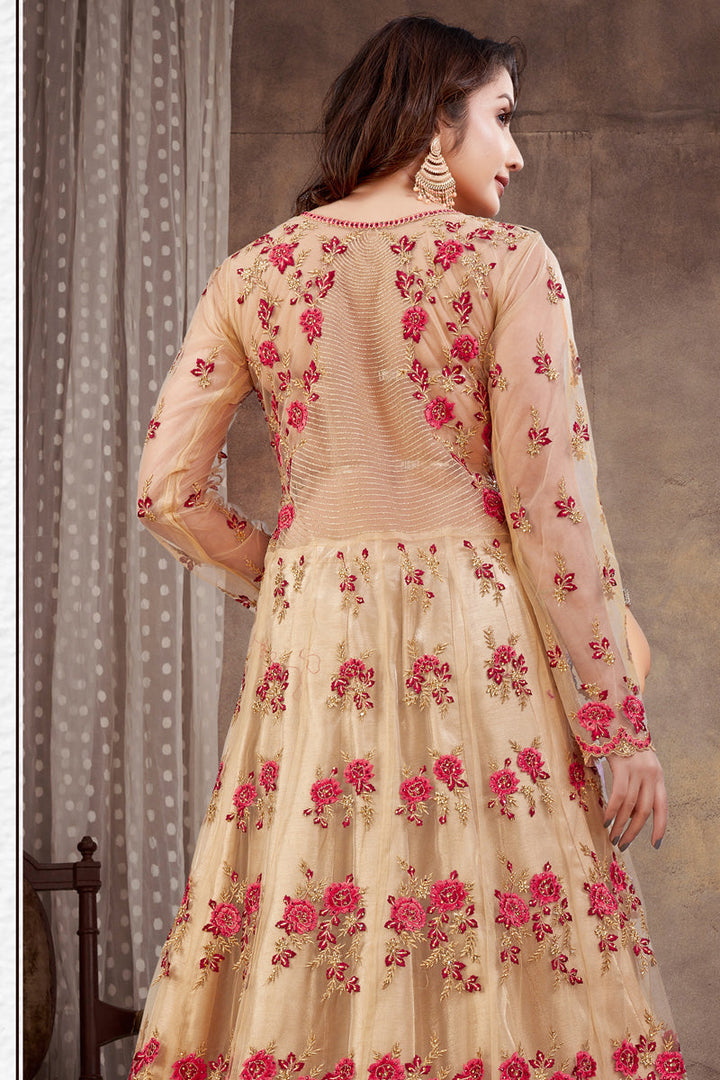 Cream Color Net Fabric Alluring Embroidered Anarklai Suit