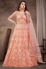 Load image into Gallery viewer, Function Look Tempting Net Fabric Sharara Top Lehenga In Peach Color
