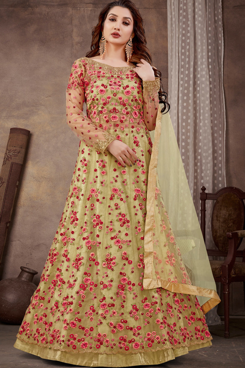 Beige Color Net Fabric Embroidered Classic Anarklai Suit