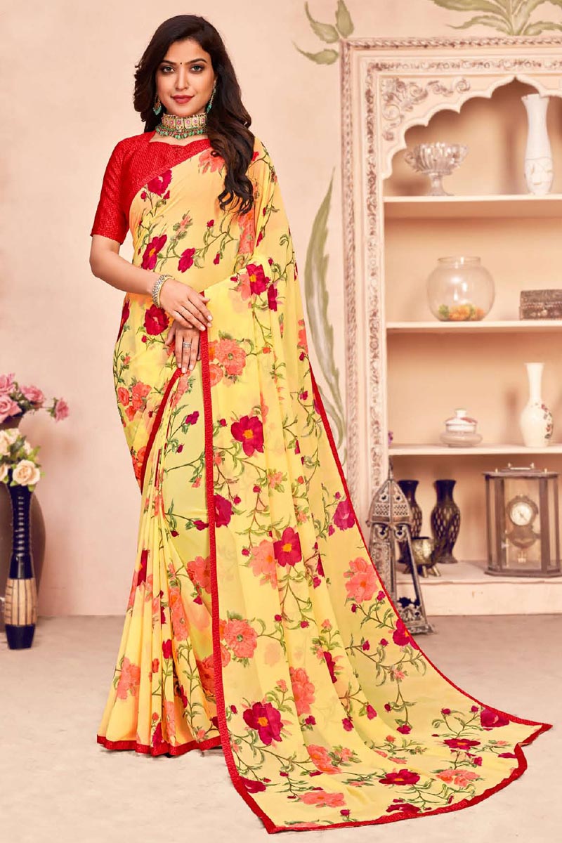 Yellow Color Georgette Fabric Daily Wear Printed Saree