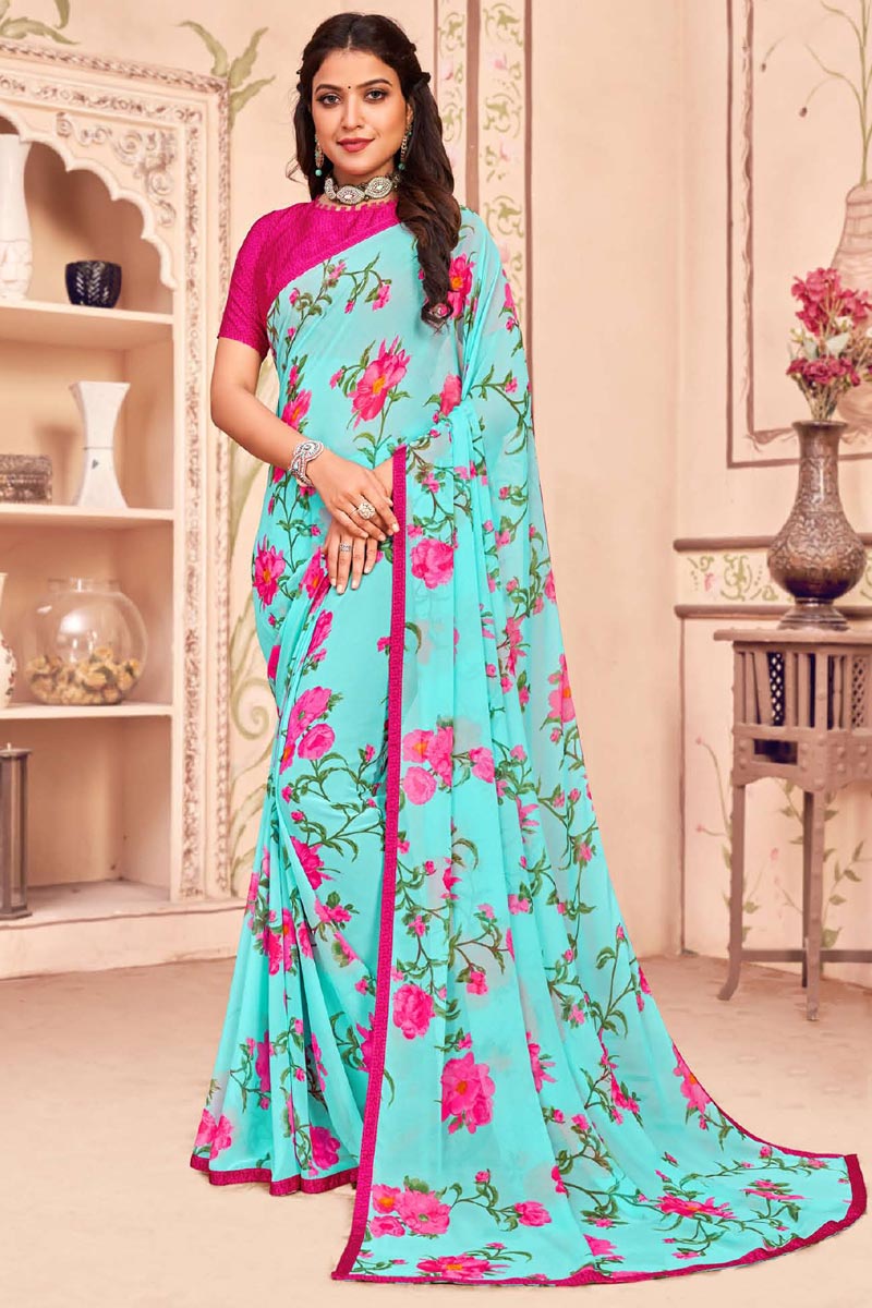 Georgette Fabric Printed Saree In Cyan Color