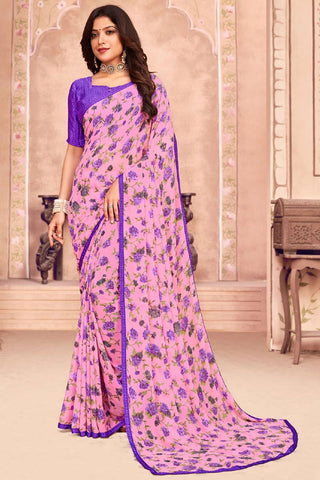 Pink Color Daily Wear Printed Work Saree In Georgette Fabric