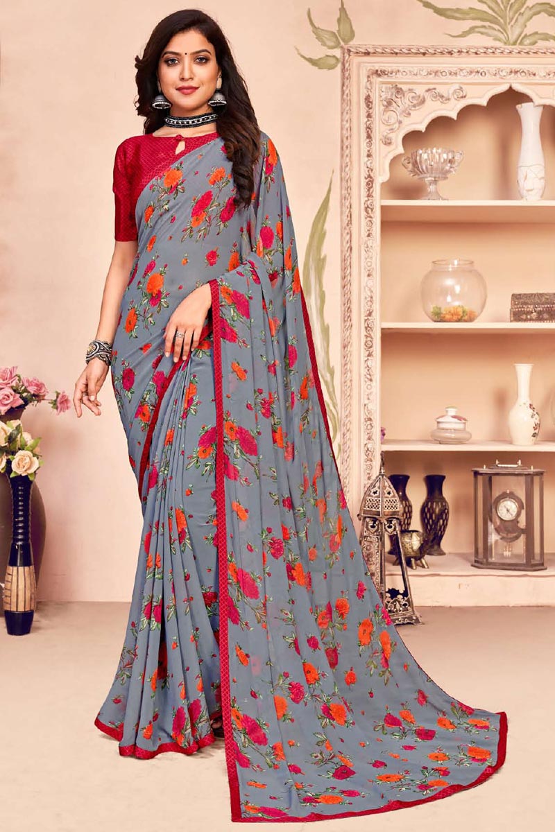 Georgette Fabric Casual Wear Printed Grey Saree