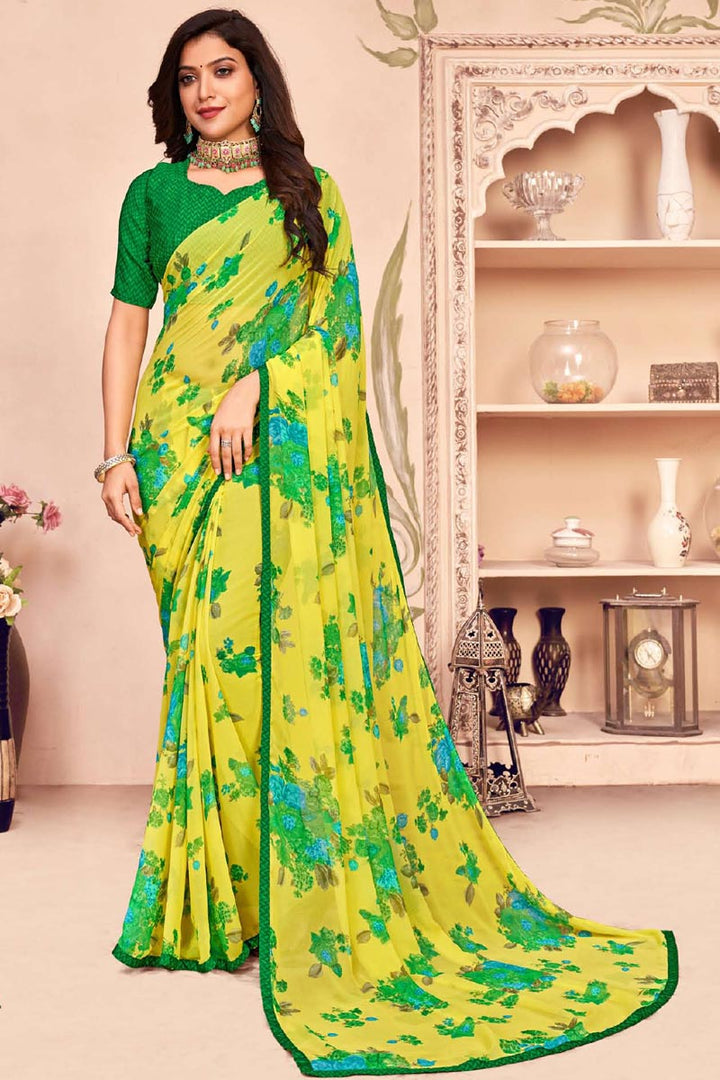 Georgette Fabric Daily Wear Printed Yellow Color Saree