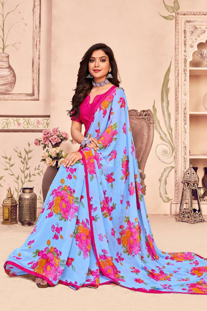 Blue Color Casual Wear Printed Saree In Georgette Fabric