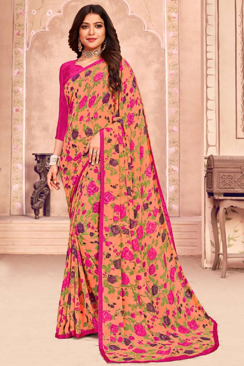 Daily Wear Georgette Fabric Peach Color Printed Saree