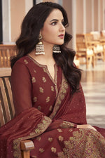 Load image into Gallery viewer, Jasmin Bhasin Dazzling Jacquard Fabric Maroon Color Salwar Suit
