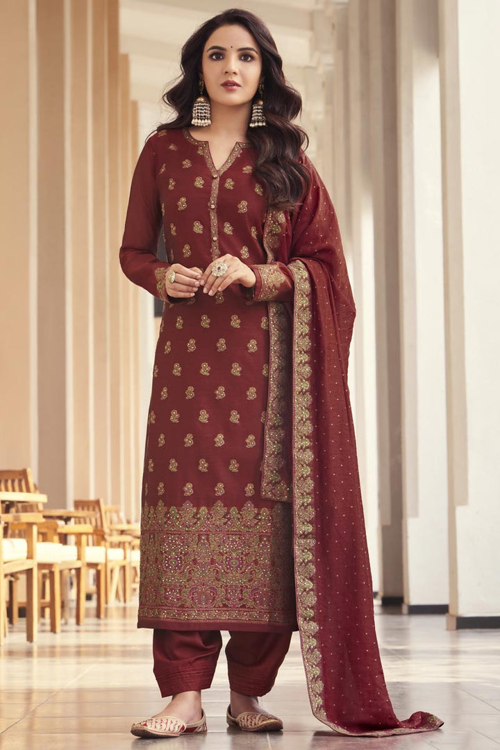 Jasmin Bhasin Dazzling Jacquard Fabric Maroon Color Salwar Suit
