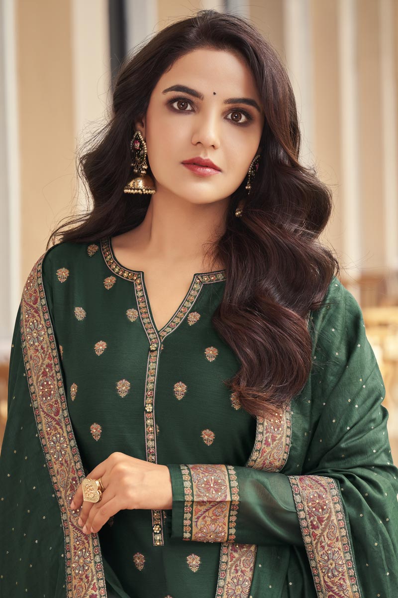 Jasmin Bhasin Radiant Dark Green Color Jacquard Fabric Salwar Suit