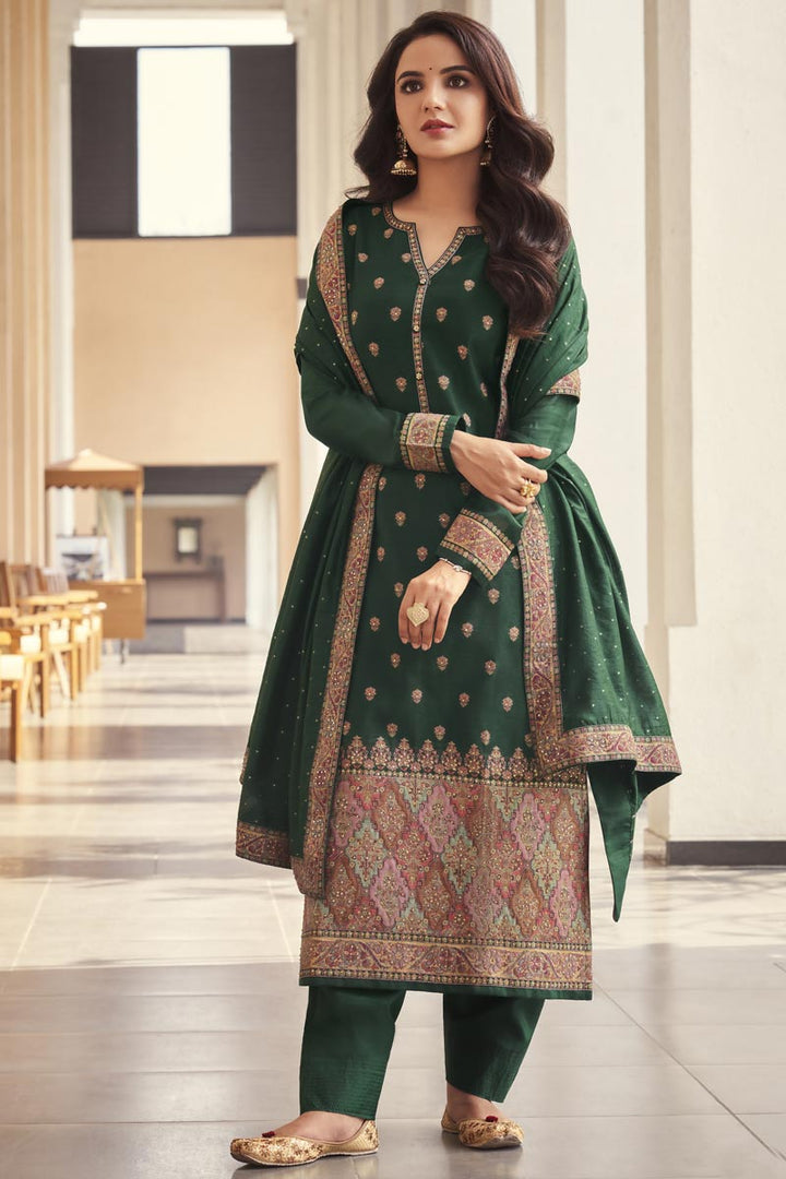 Jasmin Bhasin Radiant Dark Green Color Jacquard Fabric Salwar Suit