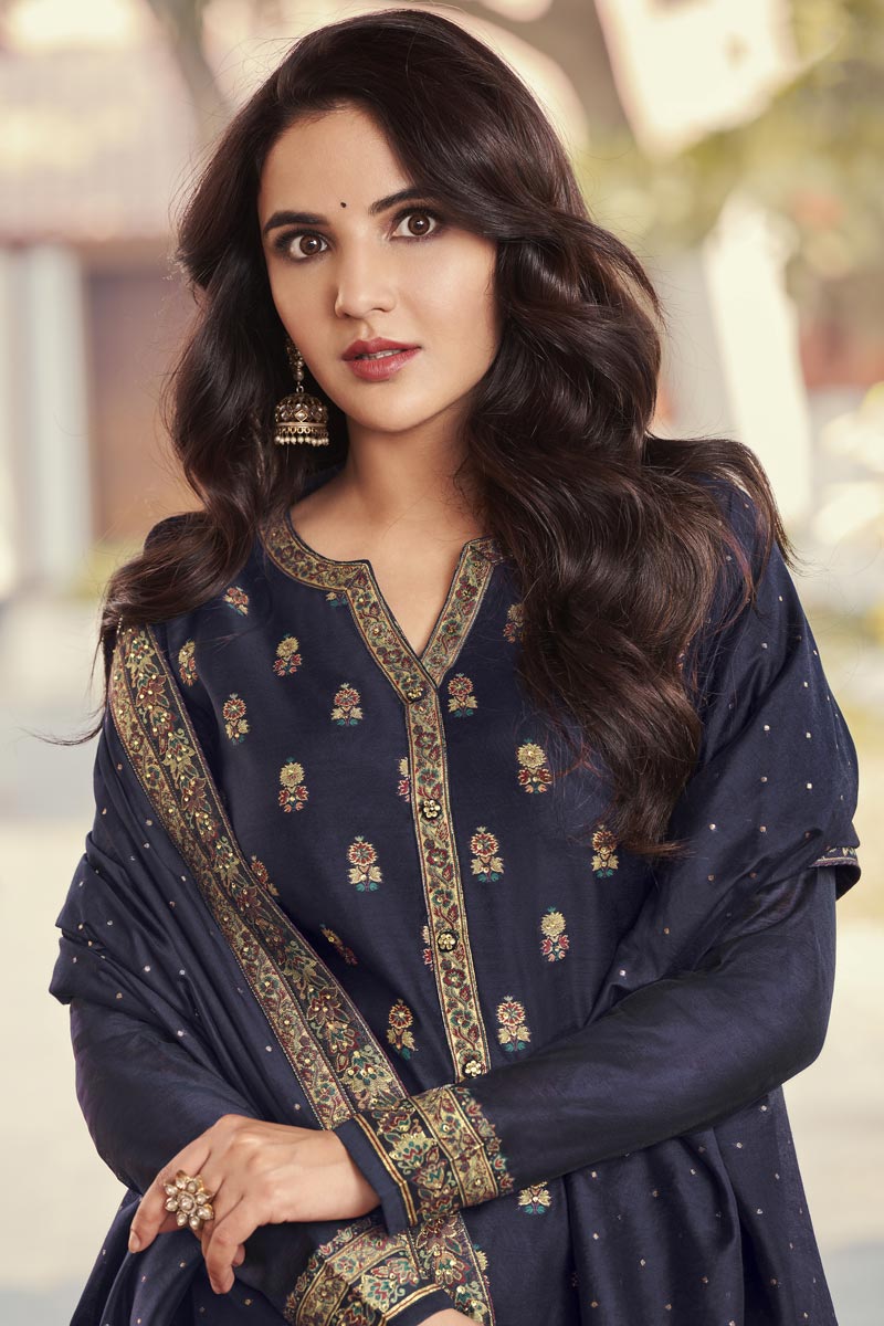Jasmin Bhasin Glamorous Jacquard Fabric Navy Blue Color Salwar Suit