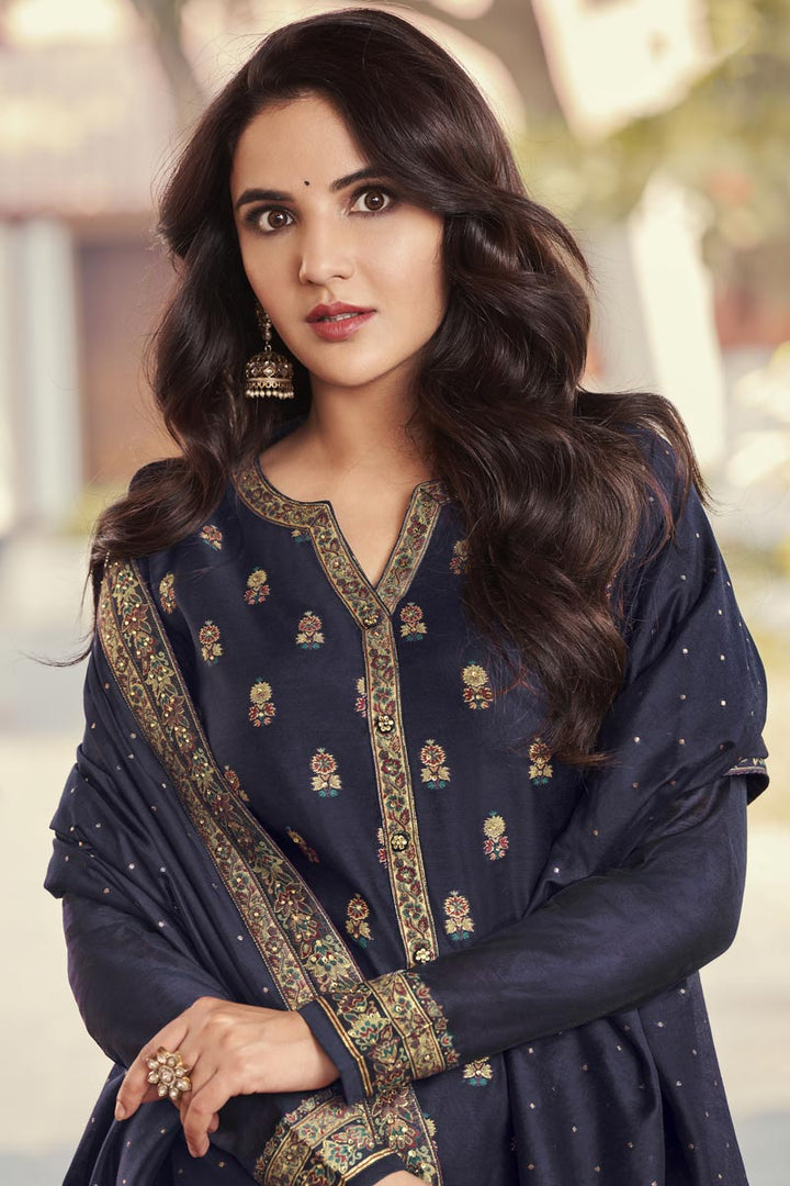 Jasmin Bhasin Glamorous Jacquard Fabric Navy Blue Color Salwar Suit