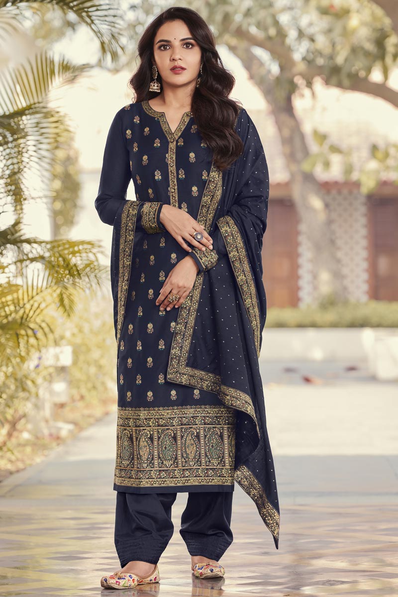 Jasmin Bhasin Glamorous Jacquard Fabric Navy Blue Color Salwar Suit