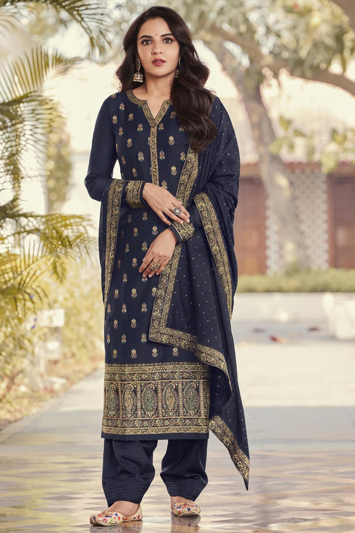 Jasmin Bhasin Glamorous Jacquard Fabric Navy Blue Color Salwar Suit