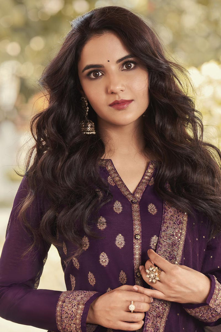 Jasmin Bhasin Purple Color Glittering Jacquard Fabric Salwar Suit